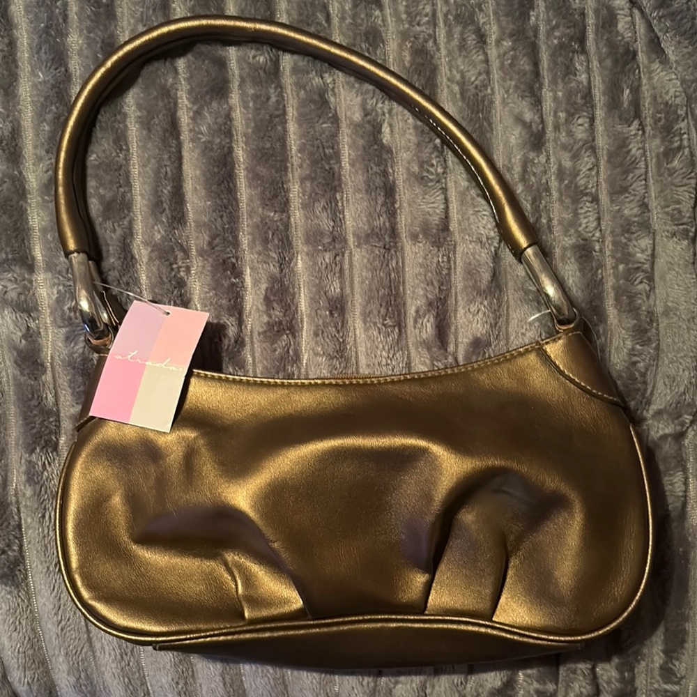 Strada Gold Satin Shoulder Bag with Curved Handle
